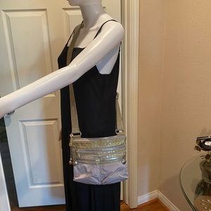 Brighton patent and nylon crossbody purse.